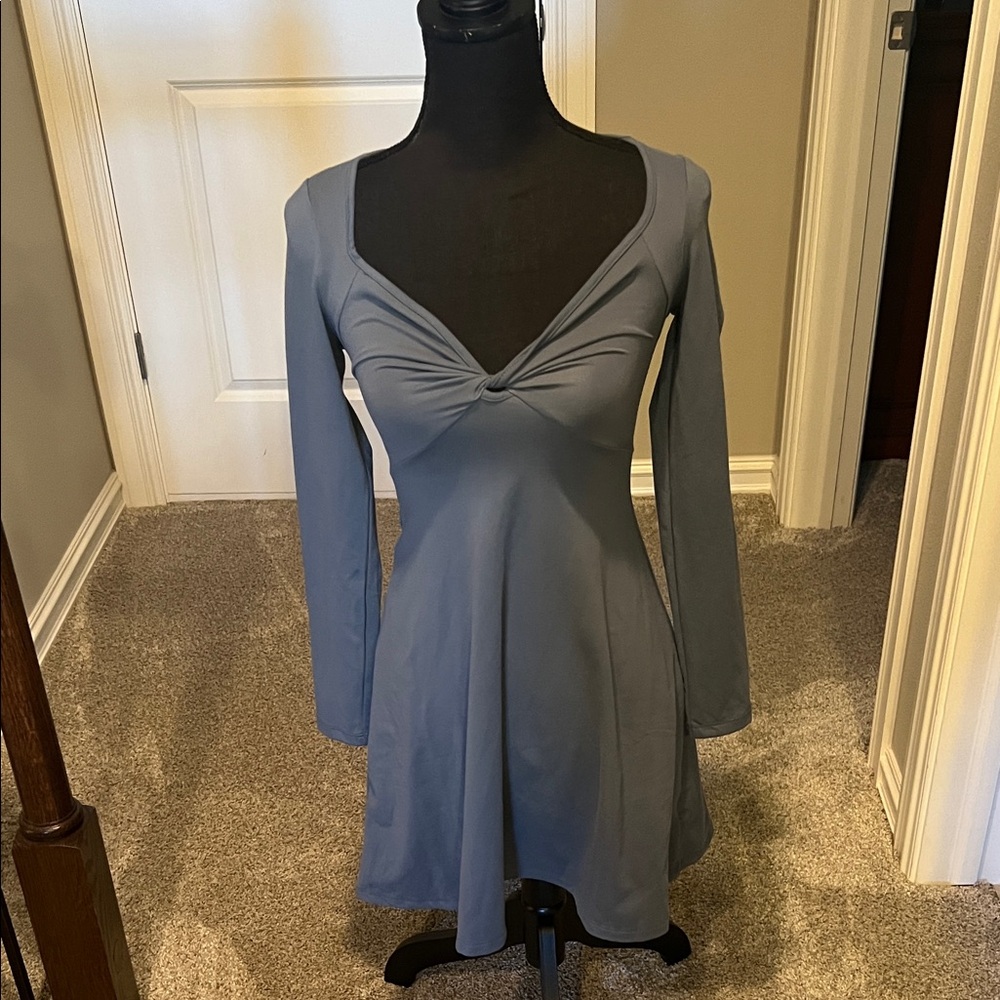 Wild Fable Blue Mini Dress Small Off Shoulder Ruched Fit Flare Long Sleeve NWT - Picture 5 of 14